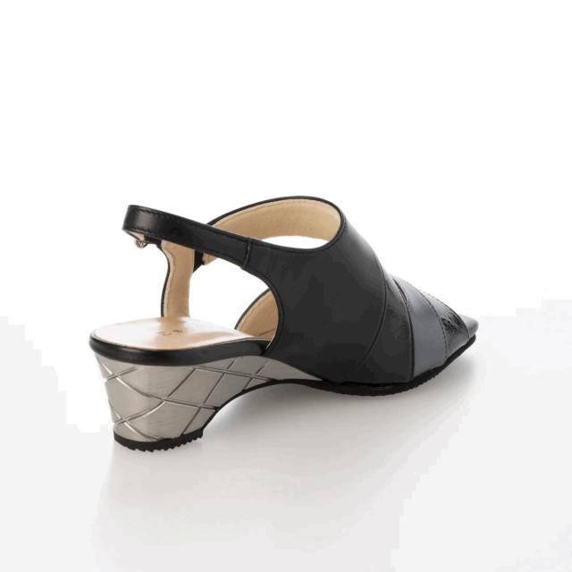 日本製　本革　サンダル　バイカラー　3e 幅広　外反母趾　ウエッジヒール　ヒール6cm　エレガントサンダル　　ストラップ　オープントゥ　ブラック　ネイビー　シルバーの通販は