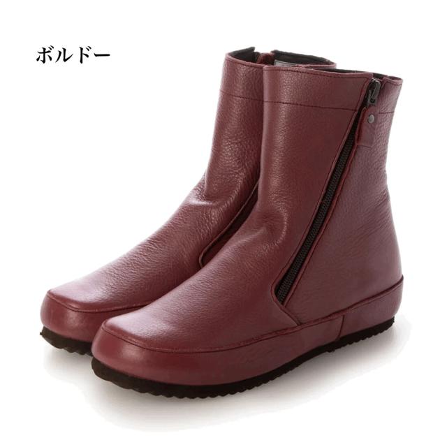 日本製　本革　革ブーツ　ショートブーツ　ふかふかインヒール ナナメジッパーデザインブーツ　幅広　4e 外反母趾　おしゃれ　3cmヒール　履きやすい　歩きやすい　カジュアル