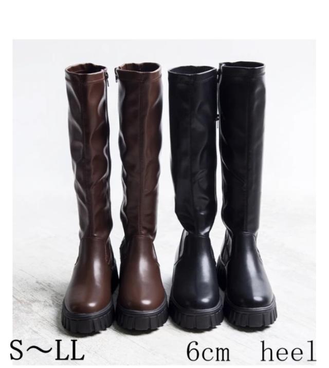 ブーツ　ロングブーツ　ストレッチ サイドジップ　ロング　レディース 柔らかい 6cmヒール　ベーシック　厚底　ラウンドトゥ　脚長　美脚　履きやすい　歩きやすい　ブラック　ダークブラウン　大きいサイズ　小さいサイズ　レディースブーツ