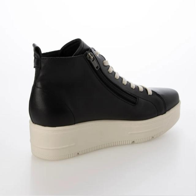 日本製　本革　牛革　レザースニーカー　厚底　レースアップスニーカー　ハイカットスニーカー　幅広　4e 外反母趾　美脚　脚長　ふかふか厚底ソール　ファスナー　履きやすい　脱ぎやすい　歩きやすい　疲れにくい　カジュアル　おしゃれ　ブラック　アイボリー