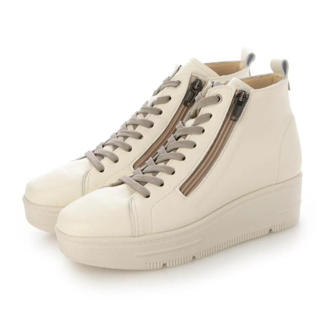 日本製　本革　牛革　レザースニーカー　厚底　レースアップスニーカー　ハイカットスニーカー　幅広　4e 外反母趾　美脚　脚長　ふかふか厚底ソール　ファスナー　履きやすい　脱ぎやすい　歩きやすい　疲れにくい　カジュアル　おしゃれ　ブラック　アイボリー