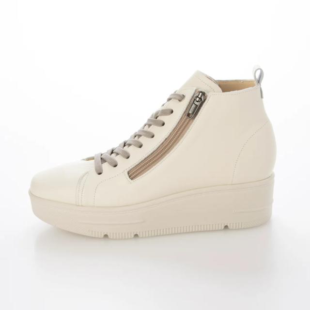 日本製　本革　牛革　レザースニーカー　厚底　レースアップスニーカー　ハイカットスニーカー　幅広　4e 外反母趾　美脚　脚長　ふかふか厚底ソール　ファスナー　履きやすい　脱ぎやすい　歩きやすい　疲れにくい　カジュアル　おしゃれ　ブラック　アイボリー