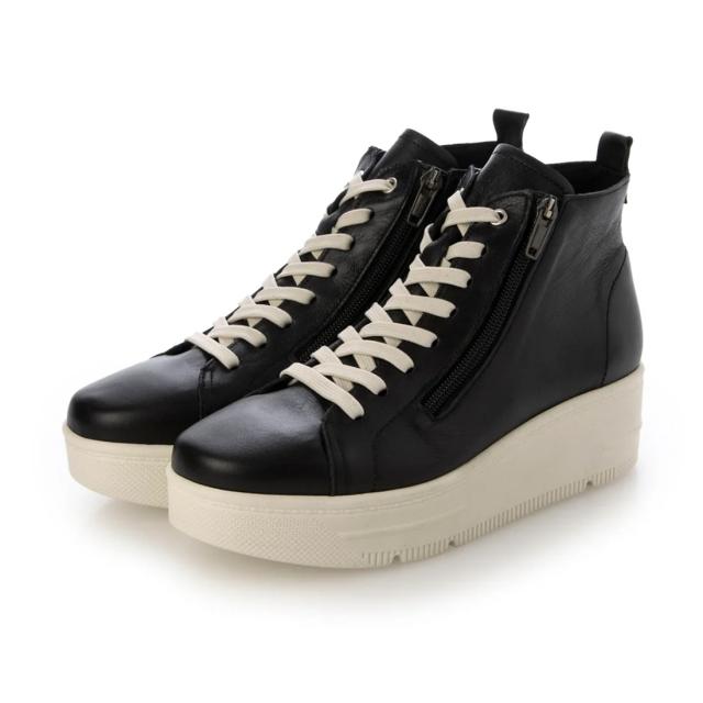 日本製　本革　牛革　レザースニーカー　厚底　レースアップスニーカー　ハイカットスニーカー　幅広　4e 外反母趾　美脚　脚長　ふかふか厚底ソール　ファスナー　履きやすい　脱ぎやすい　歩きやすい　疲れにくい　カジュアル　おしゃれ　ブラック　アイボリー