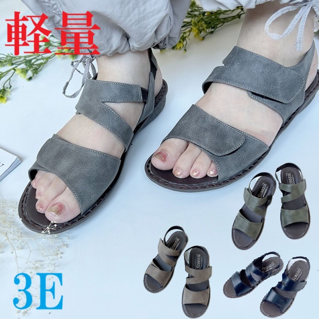 サンダル　フラットサンダル　マジックテープ　軽量　幅広　3e  外反母趾　　カジュアルサンダル　おしゃれ　ローヒール　フラット　履きやすい　歩きやすい　レディースサンダル
