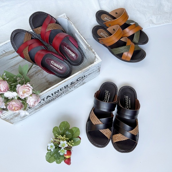 ナチュラル リゾート風 フラットサンダル 編み込み コンビ色 2way