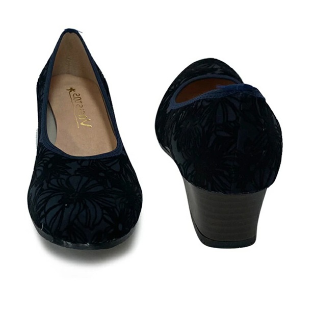 日本製 パンプス 外反母趾 4E 幅広 ウェッジヒール ラウンドトゥ 伸縮 ストレッチ 3.5cm ローヒール 花 フラワー ネイビー アイボリー ウェッジパンプス