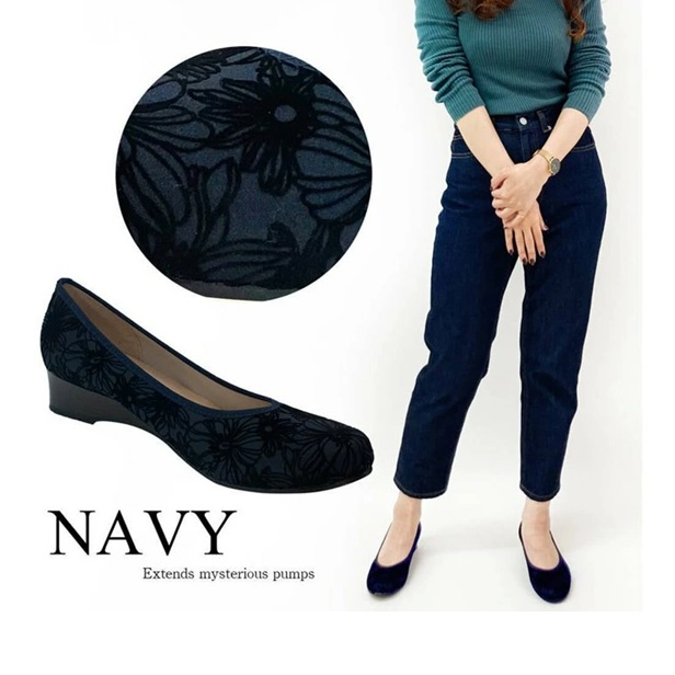 日本製 パンプス 外反母趾 4E 幅広 ウェッジヒール ラウンドトゥ 伸縮 ストレッチ 3.5cm ローヒール 花 フラワー ネイビー アイボリー ウェッジパンプス