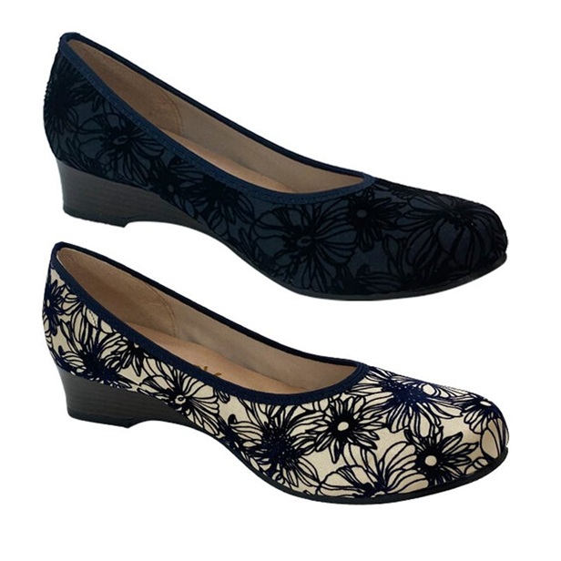 日本製 パンプス 外反母趾 4E 幅広 ウェッジヒール ラウンドトゥ 伸縮 ストレッチ 3.5cm ローヒール 花 フラワー ネイビー アイボリー ウェッジパンプス