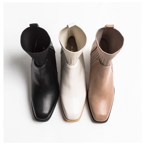 ブーツ　リブニット ショートブーツ レディース 太ヒール 5.7cm 厚底 ストレッチ 履きやすい 痛くない　おしゃれ　柔らかい