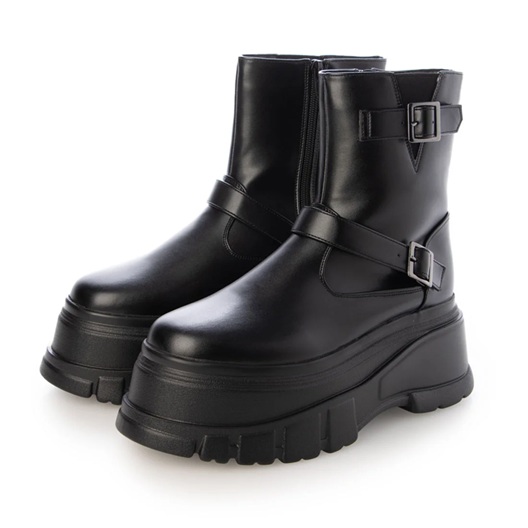 ブーツ　エンジニアブーツ　厚底 プラットフォーム デザインソール　モード感　ダブルバックルデザイン　安定感　高すぎないソール　歩きやすい　クッションインソール　履きやすい ブーツ エンジニアブーツ 厚底 プラットフォーム デザインソール