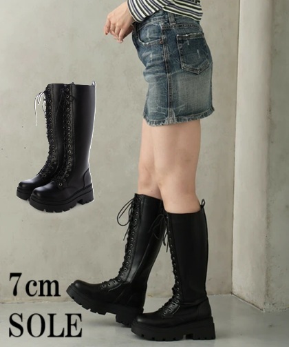 ブーツ　厚底 プラットフォーム レースアップ ロングブーツ　安定感　履きやすい　歩きやすい　サイドジッパー　美脚　スタイルアップ