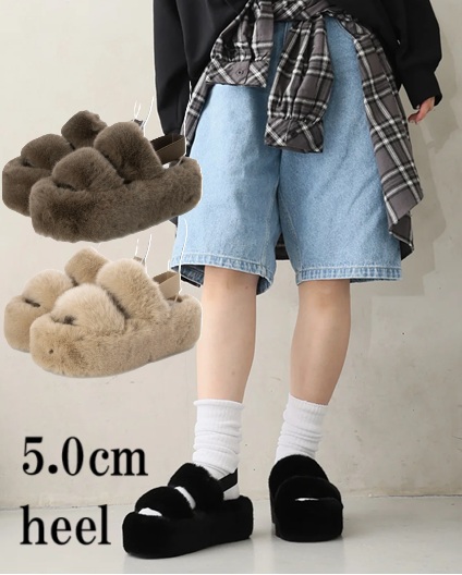厚底  プラット フォーム  バックバンド  ファーサンダル   サンダル　もこもこ　ふわふわ　美脚　スタイルアップ　脚長効果　おしゃれ　カジュアル　歩きやすい　安定感　安心長時間歩行