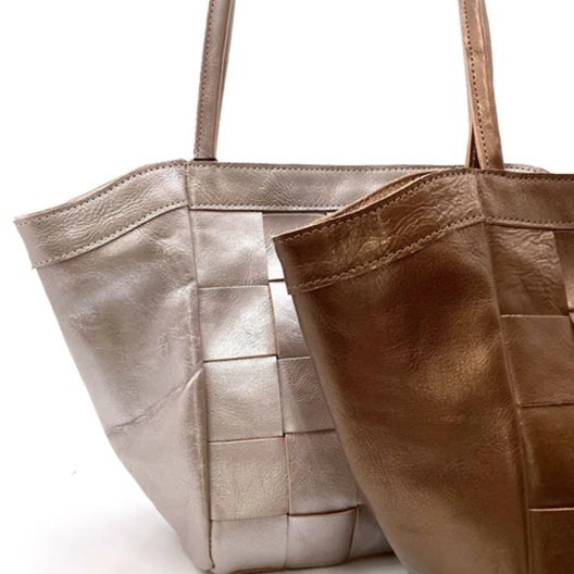 日本製 本革 レザーバッグ ハンドメイド 箔牛革編み込みハンドバッグ