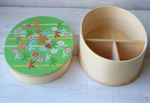 曲げわっぱ一段弁当箱　若草と四季の花 蒔絵調紀州加工 ゴムバンド、仕切り板付き 製品・特価・わっぱ・BOX・LUNCH　BOX_4