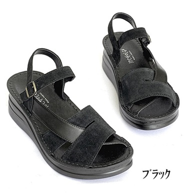 日本製　本革　サンダル　フラット　アンクルストラップサンダル　ベロア　スムースレザー　コンビデザイン　幅広　３E　　外反母趾　おしゃれ　高級感　安定感　厚底　美脚　脚長効果　スタイルアップ　履きやすい　歩きやすい_1
