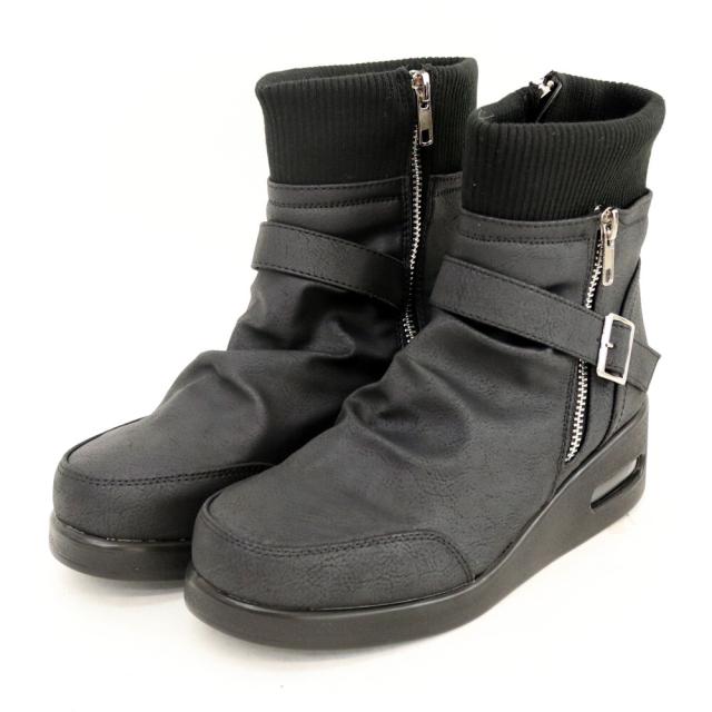 ブーツ レディース エンジニアブーツ 人気 ミドルブーツ ゴムニット アンクルベルト エアーソール サイドジップ付 飾りファスナー ショートブーツ　内側ボア　履きやすい　歩きやすい　ブラック　グレー ブーツ レディース エンジニアブーツ 人気 ミドルブーツ ゴムニット