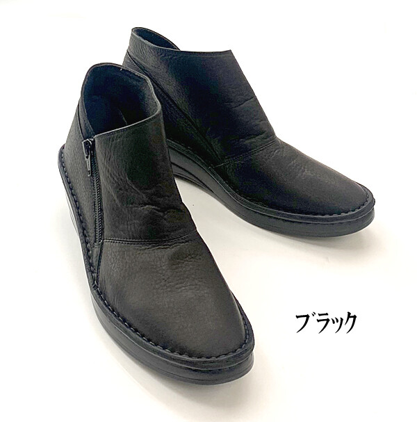 本革　日本製　ハンドメイド　ウエッジソールサイド　サイドファスナー　ショートブーツ　踵高5cm　22.0 -24.5cm　小さいサイズ　20代　３０代　40代　ブラック　ブラウン　ネイビー　歩きやすい　着脱しやすい　2e