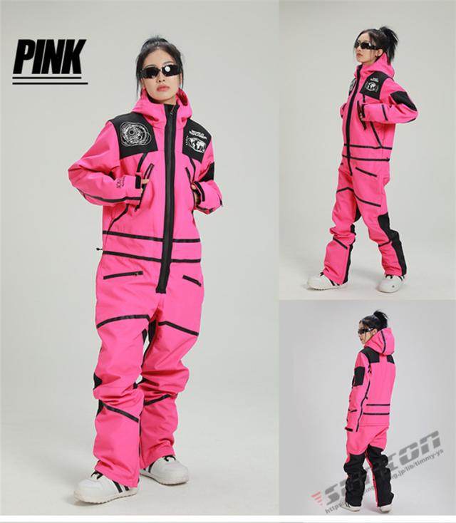 女性用スノーボードオーバーオール ピンク/グレー