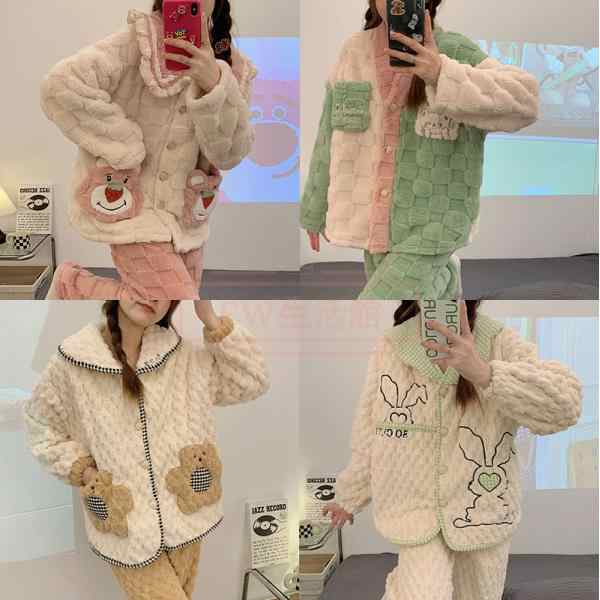 レディース 寝巻き ファッション パジャマ 冬 新作 裏起毛 厚手 長袖  可愛い 家居 ホームウエア 保温 暖かい 着心地 ふわふわ