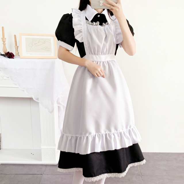 【期間限定50％OFF】コスプレ 4点セット ロリータ メイド服 メイド  ワンピース リボン カチューシャ  エプロン 定番 編み上げ 衣装 フルセット 仮装 衣装 コスチューム こすぷれ コス おすすめ 可愛い 男ウケ セクシー イベントの通販は