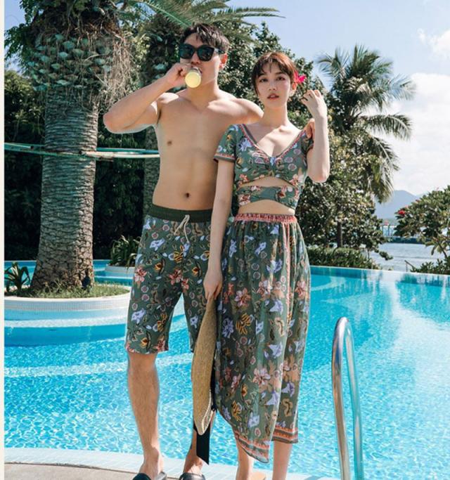 2913-水着 ペアルック カップル水着 レディース メンズ 花柄パッド付き