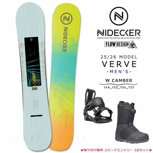 スノーボード 板 メンズ ボード 3点 セット FLOW ビンディング ブーツ NIDECKER ナイデッカー VERVE 2026モデル スノボー 初心者 ダブルキャンバー ボード 青