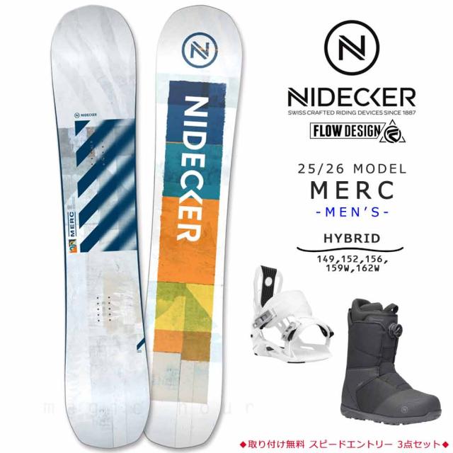 スノーボード 板 メンズ ボード 3点 セット FLOW ビンディング ブーツ NIDECKER ナイデッカー MERC 2026モデル スノボー 初心者 ハイブリッドキャンバー グレー