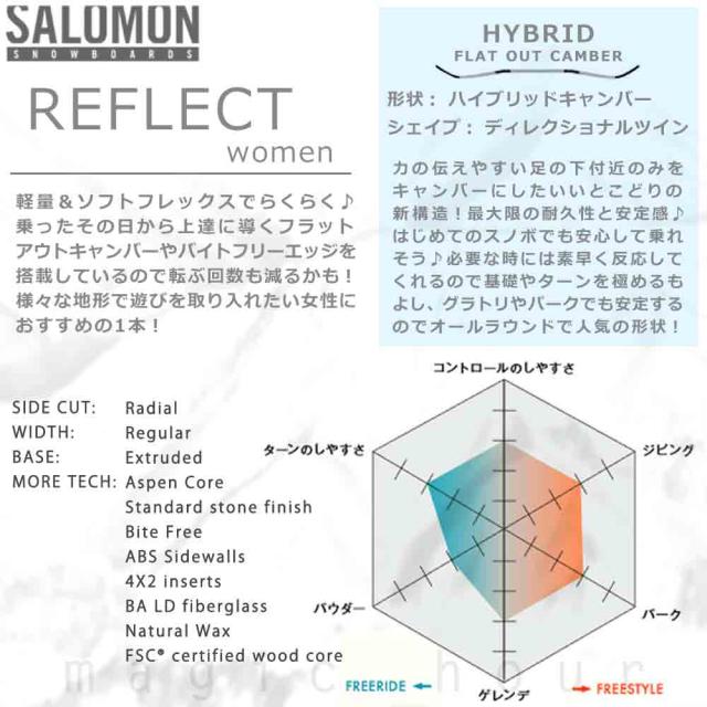 スノーボード 板 レディース 単品 SALOMON サロモン REFLECT WOMEN スノボー 初心者 ハイブリッド キャンバー ボード Wロッカー ソフトフレックス お洒落_1