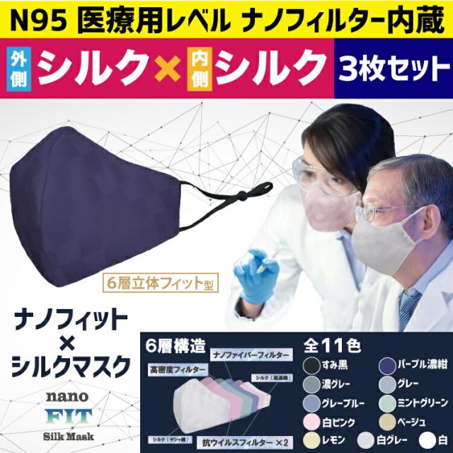 送料無料 3枚割引 小杉織物 ナノフィットシルクマスク　日本製 N95級 立体 3D型 大人用 S M L 白 白グレー 白ピンク パープル濃紺 眼鏡 曇りにくい 国産 絹 医療用並 レビュー プレゼント 正規店 おすすめ 人気 安い 引越し 新生活 バレンタインデーの通販は