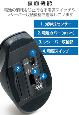 エレコム マウス ワイヤレス (レシーバー付属) Lサイズ 5ボタン (戻る・進むボタン搭載) BlueLED 握りの極み ブラック M-XGL10DBBK