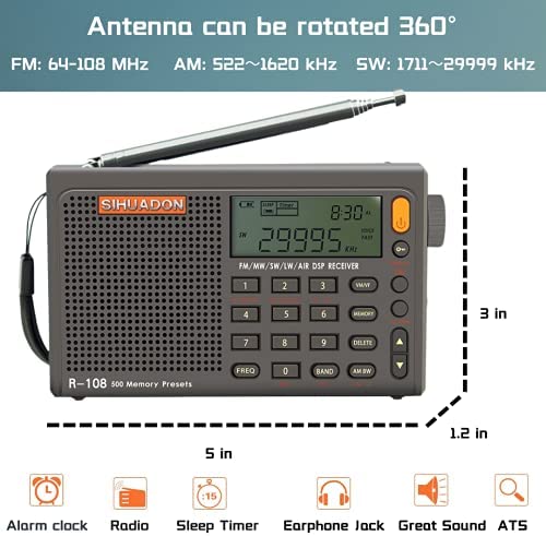 RADIWOWで作る SIHUADON R108 ポータブル BCL短波ラジオAM FM LW SW 航空無線 DSPレシーバー LCD 良好屋内および屋外アクティビティの両親への贈り物