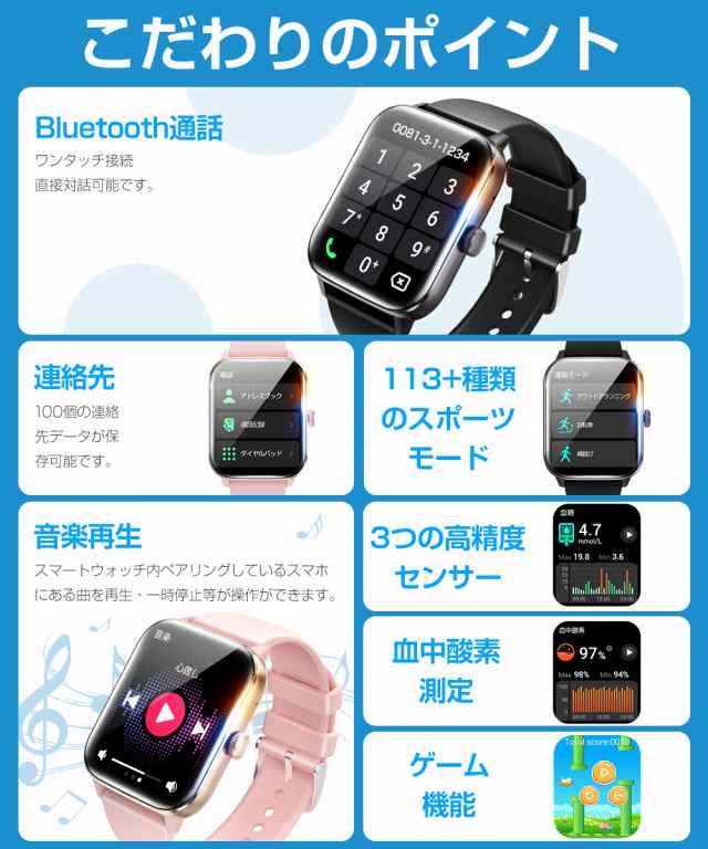 スマートウォッチ 血糖値測定 体温 血圧 血中酸素 Bluetooth通話 1.91