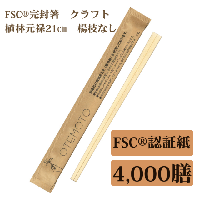 九州紙工FSC（R）認証（FSC-C126057）完封箸 4,000膳 クラフト 21cm 植林元禄   割り箸　個包装　楊枝なし　FSK-1
