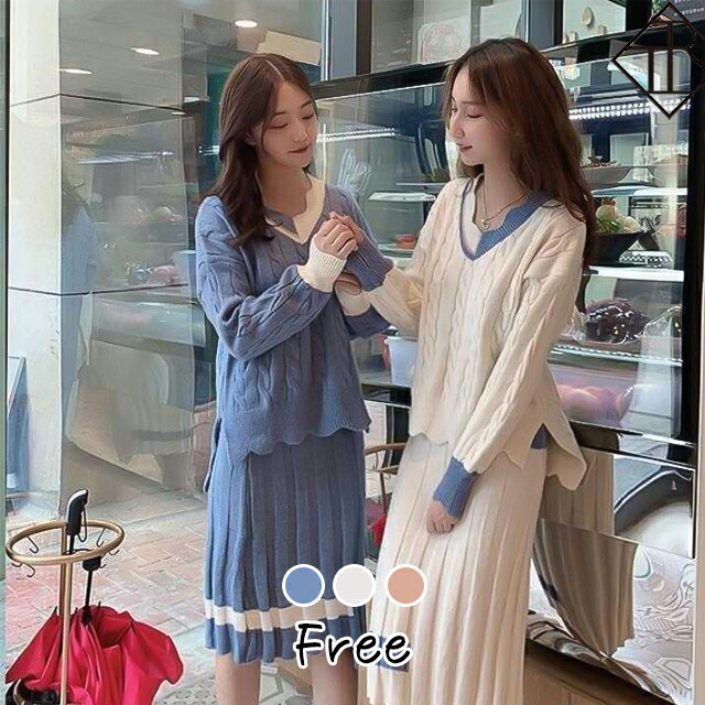 セットアップ レディース 秋冬 セットアップ ニット スカート プリーツ セットアップ カジュアル ワンピース レディース バイカラー ラインデザイン レディース トップス 長袖 秋冬 新作 ニットソー ニットウェア カシミヤ風の通販は