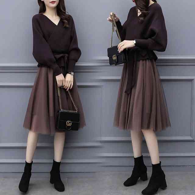 セットアップ レディース 秋冬 Vネック ワンピース セットアップ  