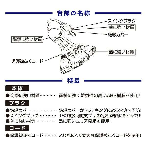 ブラック）ACアダプター用延長コード4個口黒 AY02V4002BK （086654）の