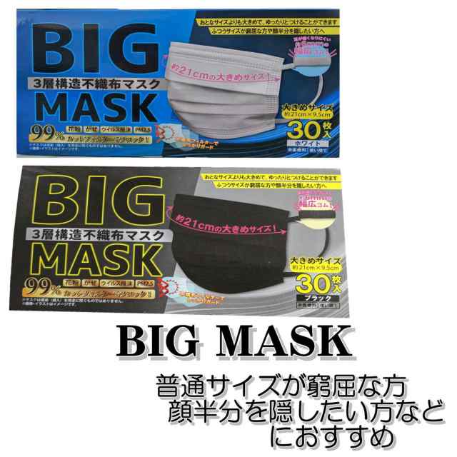 BIG MASK ビッグマスク 大きめサイズ 3層構造 不織布 30枚 ホワイト