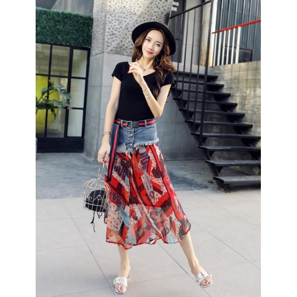 オールインワン 上下セットアップ セットアップ スカート デニム シフォンスカート ロング丈 カジュアル 可愛い お出かけ おしゃれ デート 花柄 華やか Aラインの通販は 5,980円