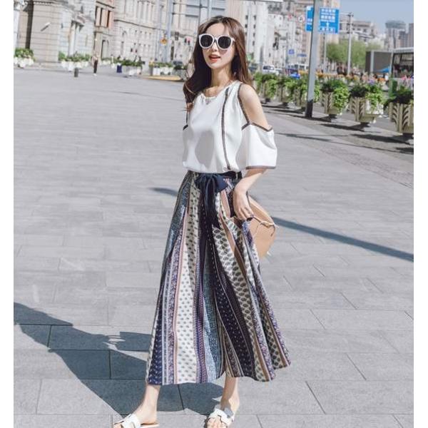 セットアップ レディース ワイドパンツ シフォン トップス オフショルダー リボンベルト エスニック リゾート 春 夏 人気商品 送料無料