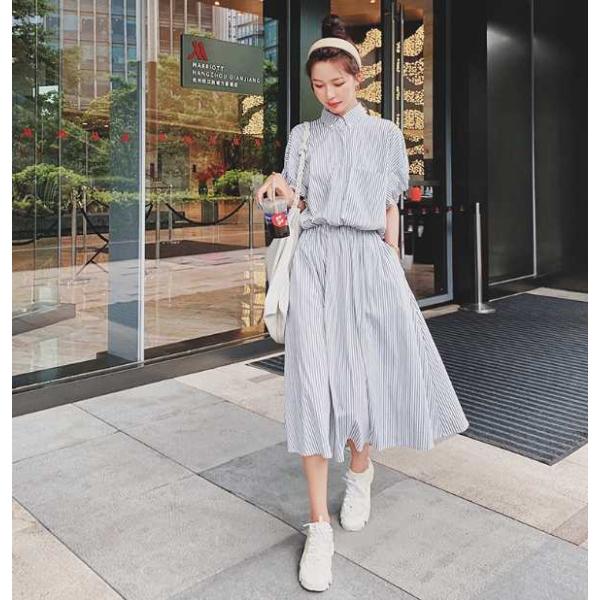 ワンピース レディース シャツワンピース 爽やか ストライプ ロング丈 Aライン ウエストゴム カジュアル 春 夏 人気商品 送料無料