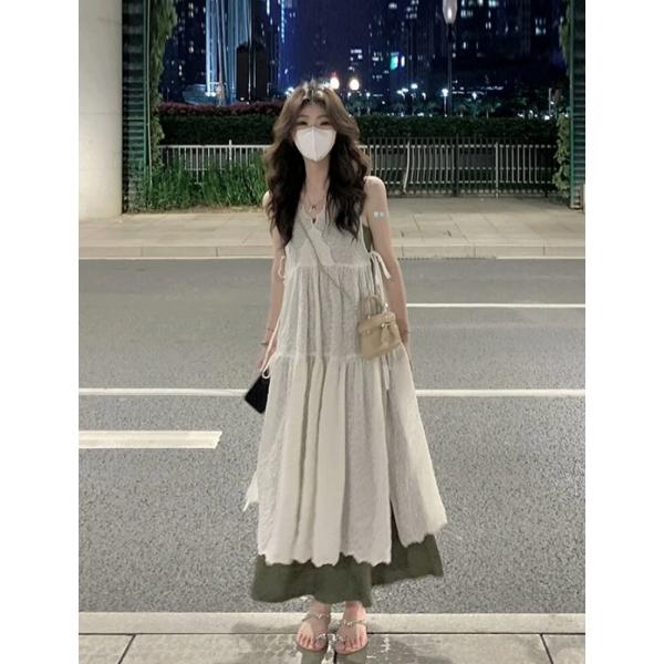 セットアップ ワンピース レイヤード レース 刺繍 2点セット スカート 春 重ね着 ノースリーブ キャミソール ワンピ ロング丈 送料無料