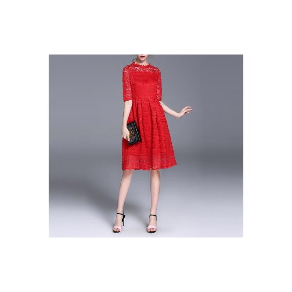 ワンピース ひざ丈 半袖 花柄 総レース フレア クルーネック シースルー セクシー 可愛い お出かけ デート 春夏 サイズ豊富