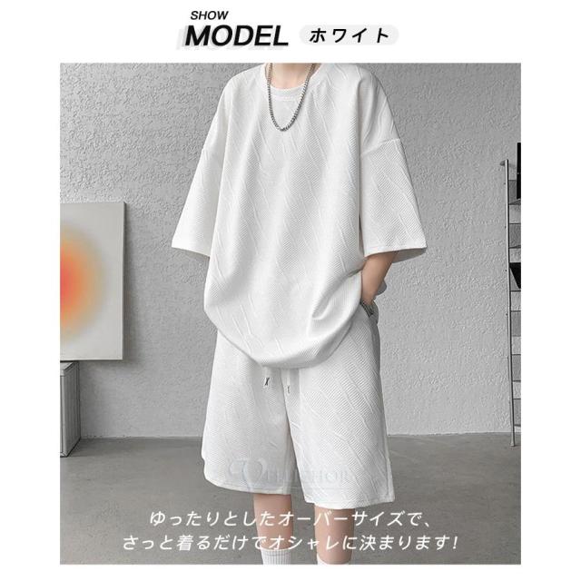 セットアップ 上下セット メンズ 夏 半袖 イージーパンツ 夏服 シャツ ハーフパンツ クルーネック ショートパンツ 短パン 無地 部屋着の通販は