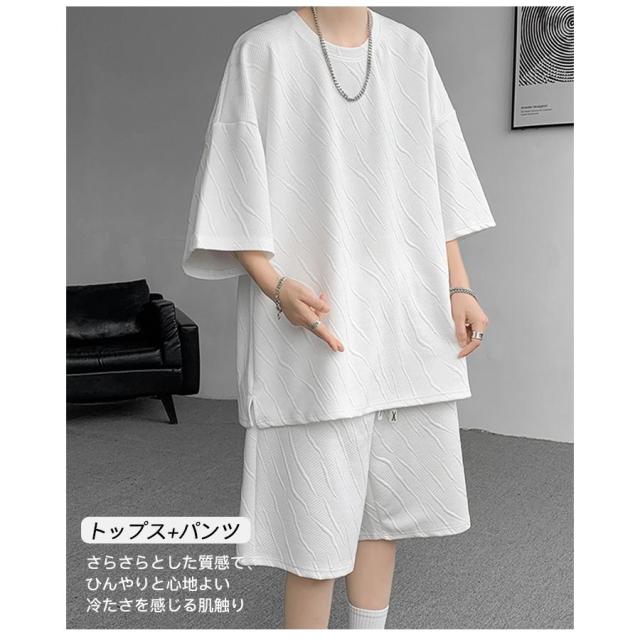 セットアップ 上下セット メンズ 夏 半袖 イージーパンツ 夏服 シャツ ハーフパンツ クルーネック ショートパンツ 短パン 無地 部屋着の通販は