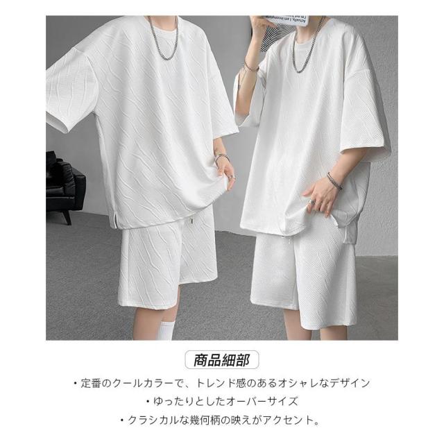 セットアップ 上下セット メンズ 夏 半袖 イージーパンツ 夏服 シャツ ハーフパンツ クルーネック ショートパンツ 短パン 無地 部屋着の通販は