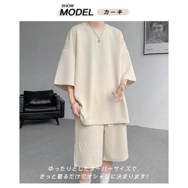 セットアップ 上下セット メンズ 夏 半袖 イージーパンツ 夏服 シャツ ハーフパンツ クルーネック ショートパンツ 短パン 無地 部屋着の通販は