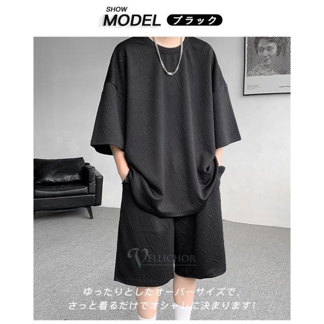 セットアップ 上下セット メンズ 夏 半袖 イージーパンツ 夏服 シャツ ハーフパンツ クルーネック ショートパンツ 短パン 無地 部屋着の通販は