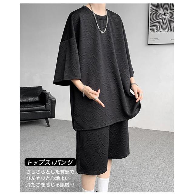 セットアップ 上下セット メンズ 夏 半袖 イージーパンツ 夏服 シャツ ハーフパンツ クルーネック ショートパンツ 短パン 無地 部屋着の通販は