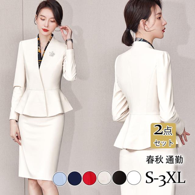 スーツ レディース スカートスーツ ママスーツ ビジネス OL リボン付き 着痩せ オフィス フォーマル 入園式 卒園式 贈り物