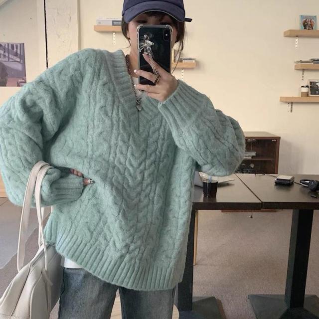 新作 ニット レディース セーター Vネック ケーブルニット ざっくり
